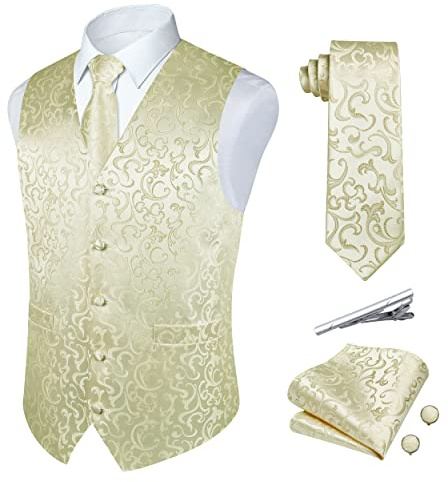 Rithern herrväst paisley blommig jacquard siden slips näsduk set med manschettknappar och slipsklämma set för bröllopsfest kostym väst set, Beige, L