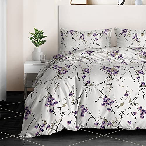 RAYBedding 3PCS King Size Duvet Cover Set 100% Egyptian Cotton Bedding King Size Bed Set 400 Thread Count Floral Printed Exotic Lilac Duvet Cover King with Pillow Cases 2 Pack