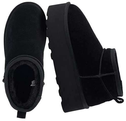CUSHIONAIRE Hippy Women’s Platform Ankle Boots – Genuine Suede, Faux Fur Lining, Cozy Winter Slip-On Design Mini boots, BLACK 8.5