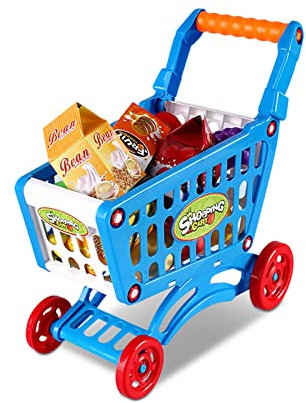 plplaaoo Kinder-Einkaufswagen,Spielzeug-Einkaufswagen mit vorgetäuschtem Essen,pädagogischer Kinder-Einkaufswagen,Lebensmitteleinkaufswagen für Kinder,perfekt für Kinder,Kinder(Blau)