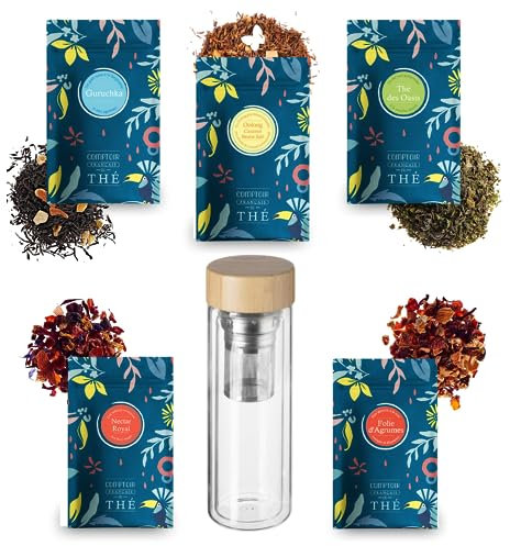 COMPTOIR FRANÇAIS DU THÉ | Assortiment de 5x20g de Thés et Infusions en vrac et sa Théière Nomade | Cadeau Original pour un Anniversaire, la Saint-Valentin, la fête des Mères, Noël, les Maîtresses