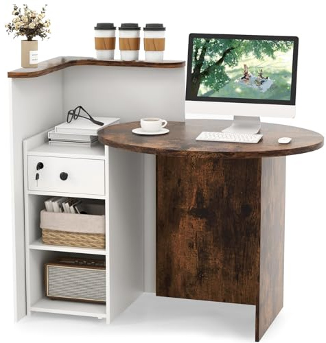 SFAREST Reception Desk, Wooden Front Cashier Table with Open Shelf and Lockable Function, Modern Retail Corner Computer Desk for Salon Office Restaurant(White Shelf+Rustic Brown Table)