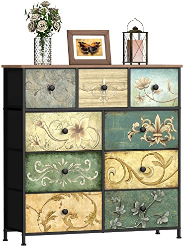 VEDECASA Dresser with Drawer for Bedroom with 9 Fabric Drawers Retro Floral Pattern Chest of Drawer Dresser for Living Room Entryway Closet Wood Board Metal Frame Brown