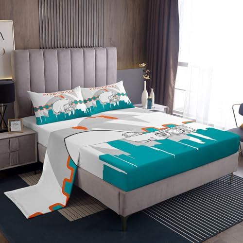 Erosebridal Football Bed Sheets Set Twin Size Kids Football Sheet Set Boys Sheets for Men,Rugby Flat Fitted Sheet with 1 Pillowcase Bedroom Decor,Blue Orange