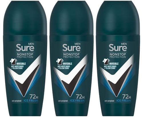 Sure Antiperspirant 72H Nonstop Sweat and Odour Protection Alcohol-Free Roll On with Citrusy, Spicy and Woody Scent Multi Fragrance Deodorant for Men, 50ml Pack of 3 (Ice Fresh)