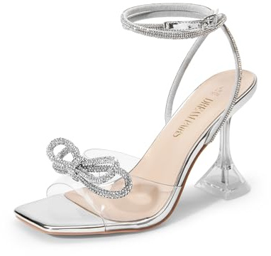 DREAM PAIRS Stiletto Bow Heels for Women Strappy Sparkly Rhinestone Square Toe Clear Crystal High Sandals for Party Wedding,Size 7,Silver-Pu,SDHS2481W
