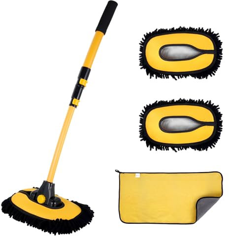 15° Curved Car Cleaning Brush with Telescopic Handle,Microfiber Car Wash Mop with 1 Replacement Head 1 Cleaning Cloth Microfiber Chenille Cleaning Kit Car Washing Brush Car Wash Kit (1mop+2 cloth)