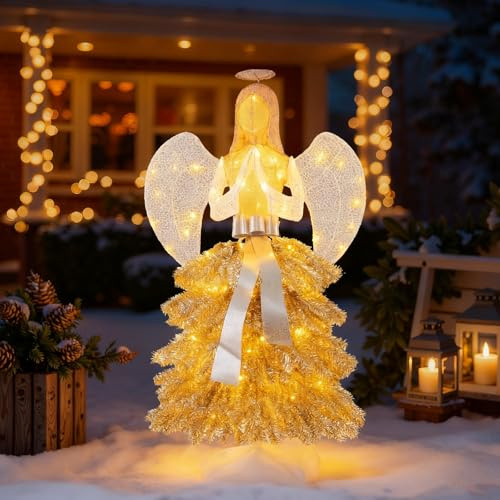 SOARS Angelo di Natale per esterni, 157 cm, decorazione natalizia illuminata, grande angelo con albero di Natale, stile abito, 150 luci LED, decorazione natalizia, statuetta di Natale XL