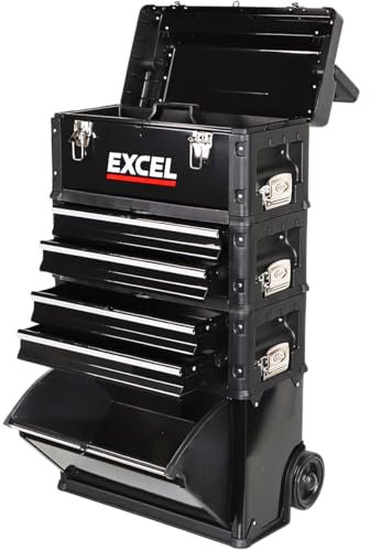 Mobile Roller Chest Trolley Cart Storage Cabinet Tool Box 4 Drawer Garage Black, Polypropylene Wheels for Easy Transport, Handle, Strong Metal Latches, Splits into 4 Seperate Toolbox