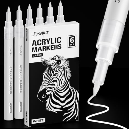JusArt 0.7mm Fine Point White Permanent Markers, 6 Pack | White Acrylic Paint Pen for Rock Painting, Art Projects, Ceramic, Glass, Wood, Metal, Fabric, DIY, Ideal for Art Supplies