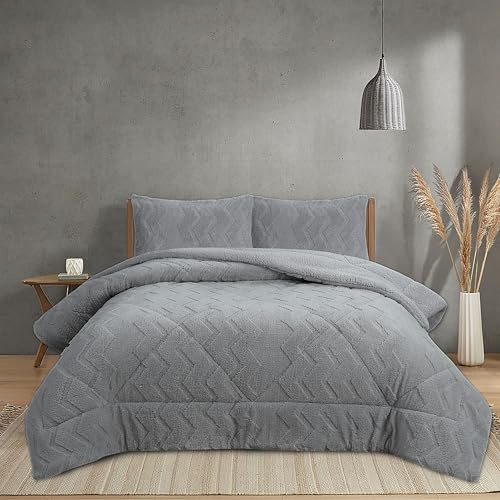 NH NOVOTEXTIL HOGAR Edredón Invierno Sherpa Cama 135 (230x260) Extra Grueso 560gr/m2 Efecto Borreguito - Edredón Suave, Cálido y Transpirable con 2 Fundas Almohada (50x70) (Norwish Gris)