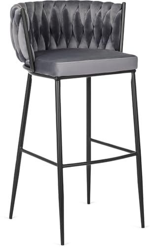 MEBEL ELITE Barhocker Flores mit Lehne & Geflecht – grau Samt – Glamour Barhocker gepolstert mit Rückenlehne für Küche & Tresen – moderner Hocker mit Metallgestell