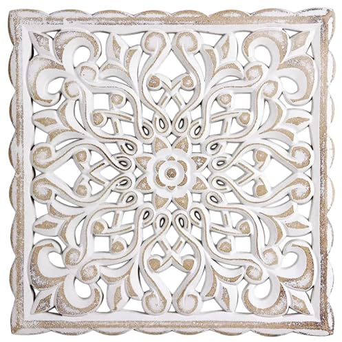 Decoración de la pared de madera, arte de pared de madera tallada hueca floral, arte de pared decorativo blanco vintage de mandala 12x12x0.5 Panel de pared colgante con diseño de mandala para sala de