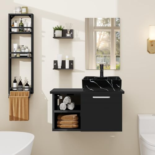 YU YUSING Set di Mobili da Bagno con Lavabo, Specchio, Portasciugamani, Arredo Bagno Completo, Mobile Lavandino Bagni da 71cm, Mensola Doccia 3 Ripiani, 2 Ripiani Muro, Set Rubinetti, Nero