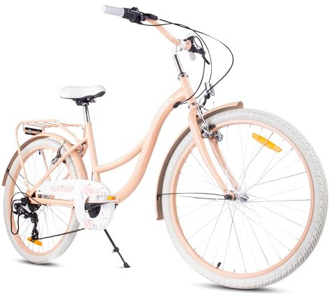 sun baby Mädchenfahrrad 24 Zoll Flower Bike Aprikose, Kinderfahrrad für 8-12 jährige Mädchen mit 7-Gang, Gepäckträger, Metallkotflügel, V-Brake, Kettenschutz