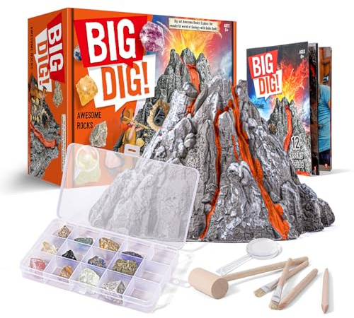Eggbox Vulkan Kit d'excavation pour enfants – 12 véritables minéraux avec pyrite, améthyste, marteau, burin, loupe, boîte de rangement, jouet géologique, archéologique, cadeau pour les enfants à