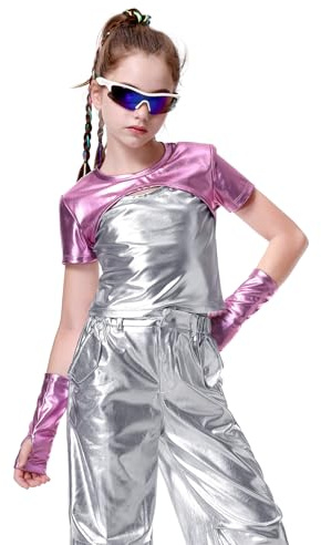 LOLANTA Top Metálico Camisa Danza Niña Jazz Moderno Hip-Hop Discoteca Top Brillante para Baile con Mangas Metálicas, Rosa, 10-11 años, 150