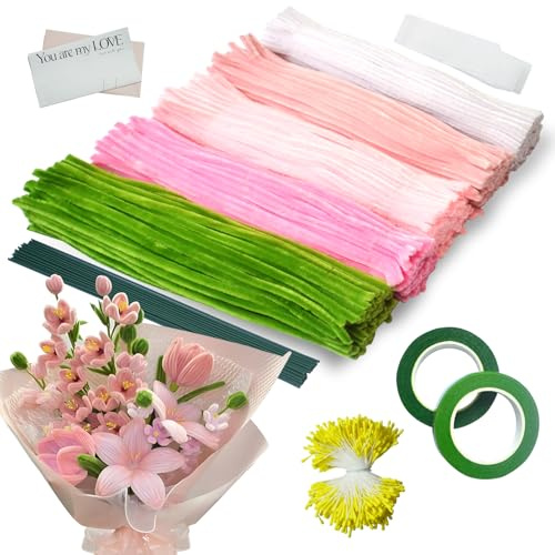 Ezitruz 500 Stück Pfeifenreiniger Blumen Set, 5 Farben Pfeifenputzer zum Basteln für DIY, mit Schleifenband, Klebeband, Staubblätter, Blumendraht, Blumenpapier, Anleitung zum Blumenbasteln(Rosa Grün)