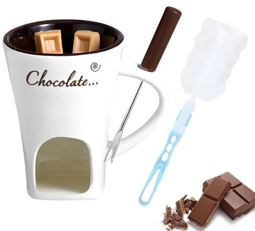 Ceramic Mug Warmer Fondue Cheese with Fork Fondue Cup Chocolate Fondue Set Chocolate Cups for Melting Hot Chocolate Fondue Set Sweet Fondue Cup Chocolate Fondue Mug for Office School Home (No Candle)