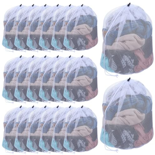 PercyEffie 20 Pcs Mesh Laundry Bags Bulk with Drawstring 20 x 24'' Hanging Heavy Duty Medium Mesh Dry Cleaning Bag Machine Washable Large Net for Clothes,Sock,Bed Linen Dormitory Travelling Camping