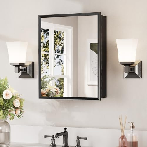 Keonjinn Small Medicine Cabinet Mirror 14 x 18, Assembly Needed, Black Bathroom Medicine Cabinet with Mirror, Beveled Framed, Stepless Adjustable Shelve, Wall-Mounted or Recessed