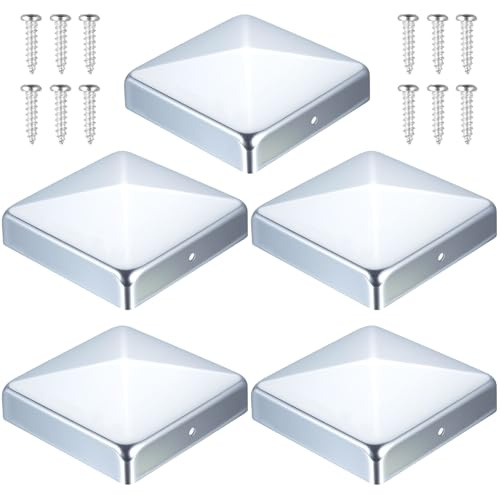 5 Pcs Tappo per Pali 9x9cm, Tappi per Pali di legno 90x90mm, copripalo per legnos, copertura per palio, cappuccio in metallo zincato per palo e supporti per palio, con viti