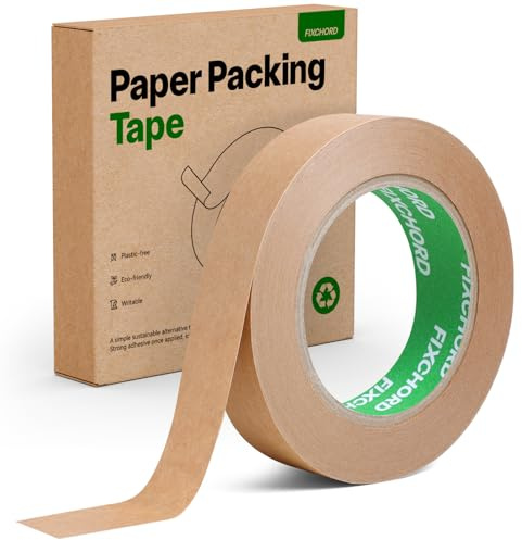 FIXCHORD Miljövänlig Förpackningstejp Kraftpapper 24mm x 50m | Återvinningsbar Pappersförpackningstejp | Skrivbar och Vattentät | Papperstejp för packning av paket och lådor, flytt | 1 Rulle