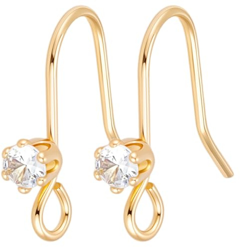 Beebeecraft 1 låda 32 st strass örhängeskrok kubisk zirkonia örhänge fynd med ögla 18K guldpläterad mässing glänsande fiskkrokar hängande örontrådar för smyckestillverkning tillbehör gör-det-själv
