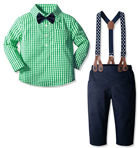 Yilaku Traje de Bebé Niño Conjunto de Ropa para Niño Pequeño Traje Formal de Boda con Camisa Pajarita + Pantalones de Tirantes 9-12 meses Verde