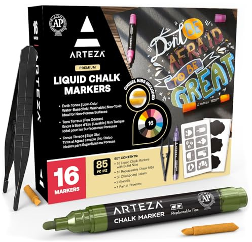 ARTEZA Rotuladores de tiza líquida | Set de 16 Colores pastel | Puntas recambiables | Pinzas, 50 etiquetas y 2 plantillas | Rotuladores para cristal borrables | Para múltiples superficies