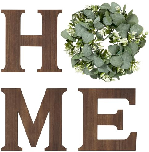Mkono Farmhouse Wall Home Sign with Artificial Eucalyptus for O Rustic Wooden Hanging Letters Decorative Wall Art Decor for Living Room Kitchen Entryway Housewarming Gift, Brown