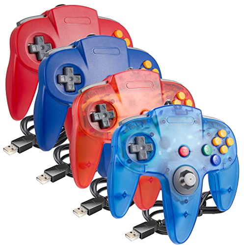 SAFFUN 4 Pack PC USB N64 Controller, N64 Wired Gamepad [3D Analog Stick] for Windows PC MAC Linux Raspberry Pi Project 64 Retropie OpenEmu Emulator (Plug & Play) (Blue/Red/Clear Red/Clear Blue)