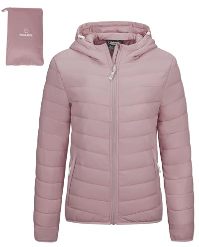 Outdoor Ventures Damen Steppjacke Leichte Packbare Übergangsjacke Warme Winterjacke mit Kapuze für Frauen Gefüttert Pufferjacke mit Taschen für Freizeit Wandern Reisen Blassrosa M