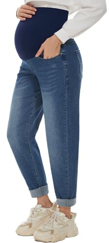 POSHGLAM Women's Maternity Jeans Over Belly Comfy Stretch Boyfriend Jeans Denim Pregnancy Pants Denim Pregnancy Pants, Dark Blue, M