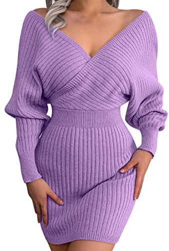 Dam omlottklänning stretch stickade klänningar V-ringad puffärm elegant tröjklänning höst vinter långärmad varm tröja klänning miniklänning kort festklänning lös fritidsklänning pennklänning, lila, M