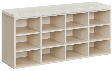 VASAGLE Schuhbank, Schuhregal mit Sitzfläche, Sitzbank mit Stauraum, Kissen, 12 Fächer, verstellbare Ablagen, für Wohnzimmer, Flur, 30,3 x 104 x 48 cm, naturbeige LHS012K04