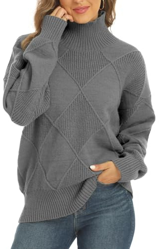 JFAN Jersey de Punto Cuello Alto Mujer Suéter de Manga Larga Vintage Rombos Jerséis Casual para Invierno Otoño Gris M