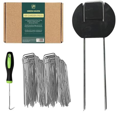 Green Haven Paquete de 100 Pinzas de jardín Resistentes para Control de malezas, Tela de Barrera de malezas, Red y paisajismo, Grapas de jardín de Metal de 15 cm con Gran Superficie amortiguadora