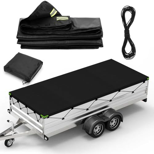 Anhängerplane Flachplane,214x122x13 cm Abdeckplane für Anhänger,Anhänger Plane mit 8m Planenseil,420D Oxford Material Staubdicht Winddichte für Viele PKW 750kg Hänger Autoanhänger