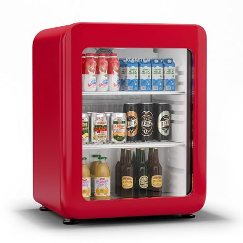 Klarstein Audrey Evo Réfrigérateur à boissons - 68 L, Porte à double vitrage, LED, Thermostat mécanique, 0-10°C, Classe Énergétique C, Design rétro, Rouge
