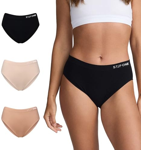 STEP ONE SmoothFit Bikini Brief, 3 Pairs, Ultra-Soft, Breathable Bamboo Moisture Wicking Underwear Women, Hypoallergenic Womens Underwear for Sensitive Skin, Moderate Coverage