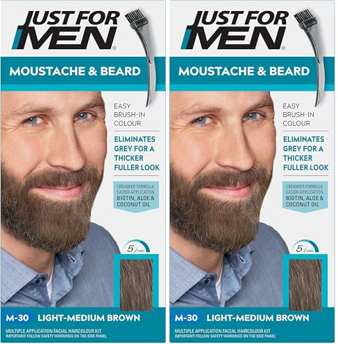 Just For Men Moustache & Beard Light-Medium Brown Dye, Eliminates Grey For a Thicker & Fuller Look With An Applicator Brush Included – M30 (Pack of 2)