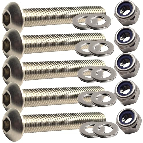 Set di bulloni con testa a bottone, M8 x 30 mm, con dadi e rondelle, completamente filettati, in acciaio inox A2, confezione da 5