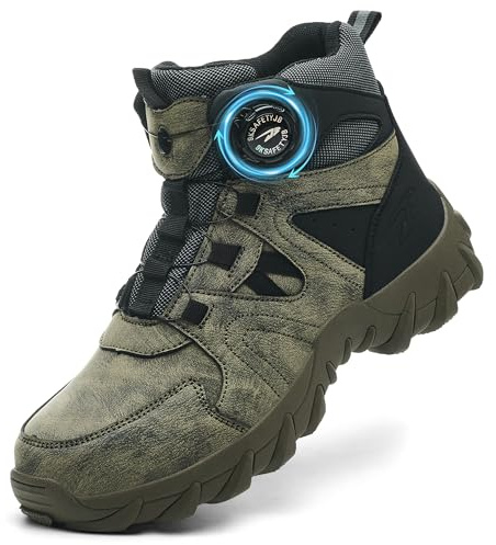 COOU Steel Toe Cap Boots Mens Womens Lightweight Work Boots Anti Slip Comfortable Safety Trainers with Swivel Buckle Shoelaces Green