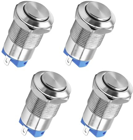4 Pièces 12mm 3A 12V/24V AC Autobloquant Interrupteur Bouton Poussoir Étanche, Boutons-Poussoir Étanche 12mm, Étanche IP65 Métal Nickelé 3A 12V 24V 125V 250V AC - On Off Push Button Switch (High Head)