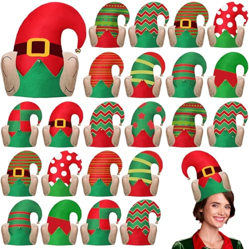 Shyyween 24pcs Christmas Elf Hats with Ears Holiday Elf Santa Hat with Bell Xmas Elves Accessories for Party Decoration