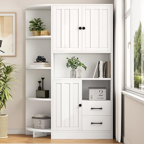 Doyisy Armadio angolare 104 x 35 x 155 cm, vetrina da soggiorno con 3 armadi + 2 cassetti, scaffale per libri da soggiorno, armadi alti e altopiano con un totale di 14 scomparti, bianco