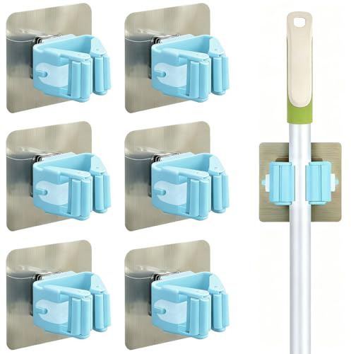 EJRUP Pack of 6 Adhesive Broom Holder, Wall Mounted Broom Holder, No Drilling Required, Adhesive Broom Doors, for Kitchen, Stairs, Bathrooms, Garage (Blue)