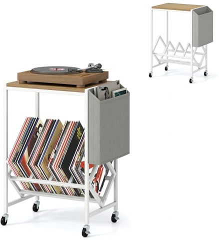 KOMFOTTEU Support de Disque Vinyle avec roulettes, Meuble Platine Vinyle avec Sac latéral & Plateau pour Platine, Meuble Tourne-Disque en Bois & Métal, 49,5 x 30 x 64 cm (Naturel)