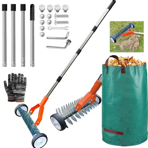 Scarificatore manuale con ruote,Verticutore a manico da 163 cm, Aeratore da prato con Rouessac per rifiuti da giardino, raschietto da giardino in metallo, rimovibile, verticale regolabile, zappa di